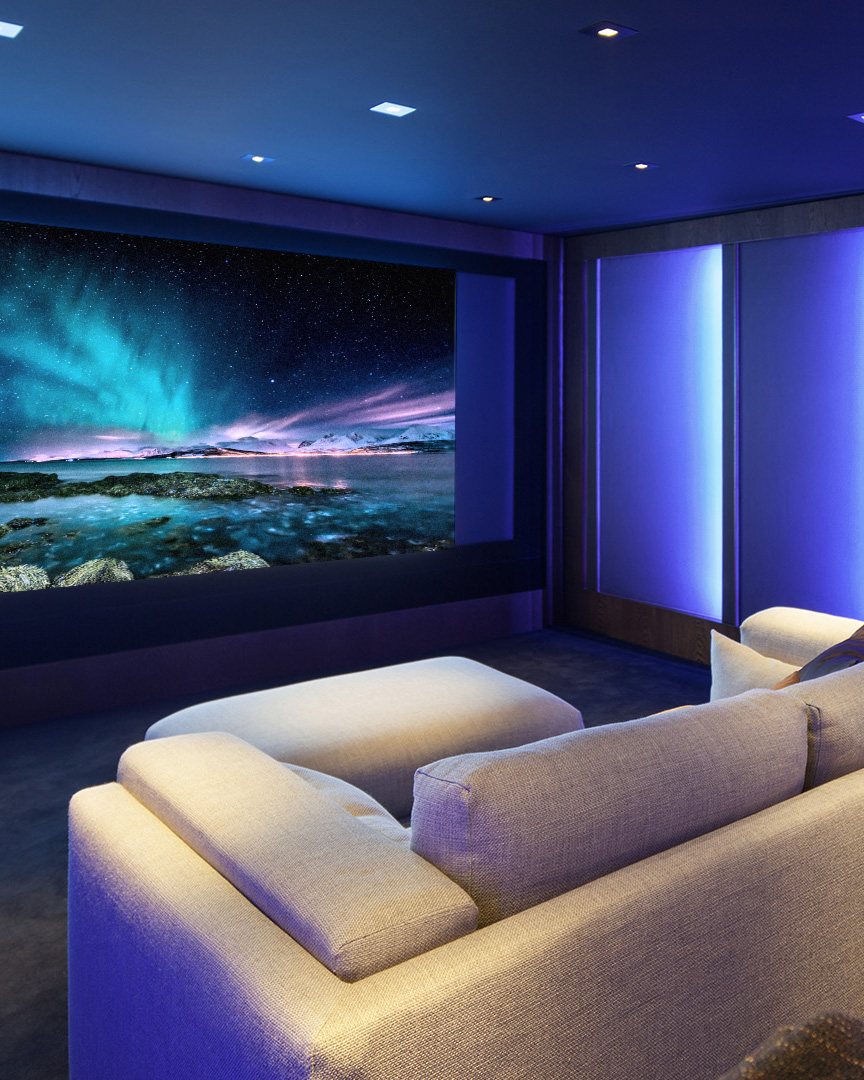 Home theater, luxury interior, comfortable divan and big screen